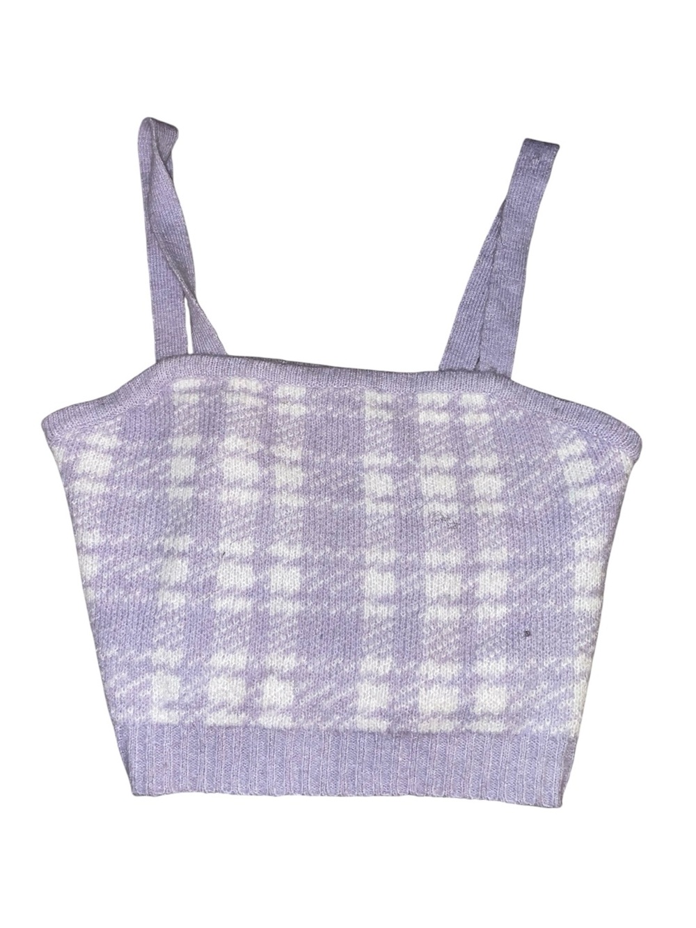 purple and white plaid sweater tank top features and a cropped fit